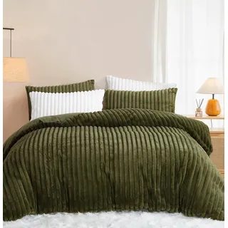 Winter Plüsch Bettwäsche 135x200 Grün Warme Flauschig Flanell Kunstfell | ÖKO-TEX,Gestreift,Winterbettwäsche Allergiker,Teddy Cashmere Touch Biber Bettbezug 1 Kissenbezüge 80x80 mit Reißverschluss
