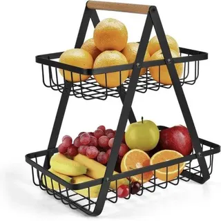 Fruitregal - 2-Türme - Obstschale - Bambus Holz und Metall - Ständer Obstregal - Kartoffelkiste - Ablage Organizer - Obstkiste - Schwarz