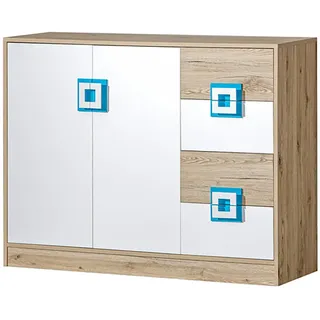 Feldmann-Wohnen Sideboard Nico 120 / 40 / 93cm Eiche hell / weiß-Türkis , Holz , Rechteckig , 120x93x40 cm , Kleinmöbel, Kommoden, Sideboards