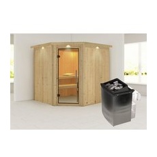 KARIBU Sauna »Vöru«, inkl. 9 kW Saunaofen mit integrierter Steuerung, für 4 Personen - beige