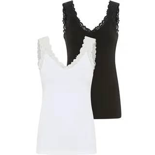 Spitzentop TAMARIS, Damen, Gr. 46, schwarz, weiß, Single Jersey, Obermaterial: 95% Baumwolle, 5% Elasthan. Obermaterial weiß: 95% Baumwolle, 5% Elasthan, unifarben, Basic, figurbetont hüftlang, Tops Spitzentop, mit femininen V-Ausschnitt, figurbetont