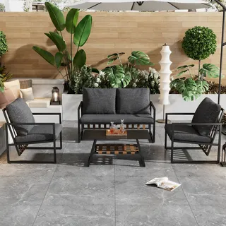 Merax Gartenmöbel Set 4 Personen, 4er Set Sitzgruppe mit Tisch, Sofa, Sessel und Kissen, Gartenlounge Set mit Stahlrahmen, Terassenmöbel Balkonset - Schwarz