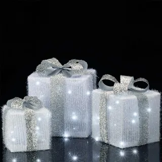 BAKAJI Set mit 3 hellen Geschenkpackungen für Weihnachten mit Dekorationen LED-Lichterkette Weihnachtsbeleuchtung Box aus Rattan Weihnachten Boxen mit Festlichtern Kit Weihnachtsdekoration Innen Außen