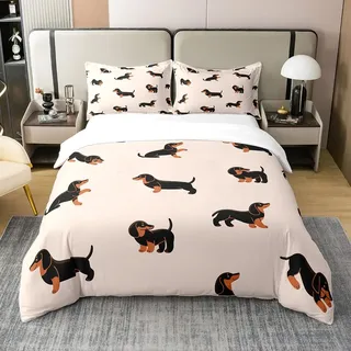 Loussiesd Karikatur Hund Bettwäsche Set 135x200cm 100% Baumwolle Dackel Bettbezug Set Kinder Kleinkind Jungen Süße Welpen Bettwäsche-Set Wurst Weiner Hund Bettbezug Beige für Kinder Jungen Mädchen