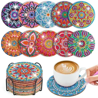 WuGU 10 STK Diamond Painting Untersetzer mit Halter, Diamond Painting Erwachsene zum Basteln, 5D Diamond Painting Kinder Art Mandala Untersetzer rutschfest für Anfänger, Erwachsene & Kinder