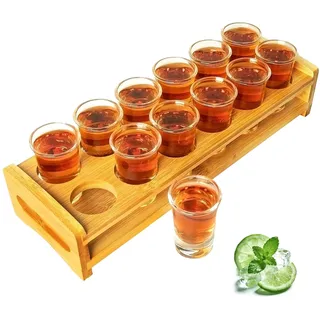 Schnapsglas-Set, Cocktailhalter und Schnapsglas, Getränke-Servierbrett, Organizer, 12 Löcher, mit klarem Kristallglas, 12 Stück, 30 ml, für Likör, Schnaps, Wodka, Rum, zu Hause, Party, Bar