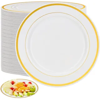 MUKLEI 80er-Pack 7,5 Zoll Premium Mehrzweck-Kunststoffteller mit Goldrand, Kunststoff-Dinnerparty-Teller, Kunststoff-Dessertparty-Teller für Partys, Hochzeiten, Jubiläen, Caterings und Picknicks