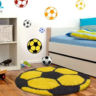 Fun Shaggy fußball kinderzimmer teppich hochflor rund Ø 100cm gelb - Gelb