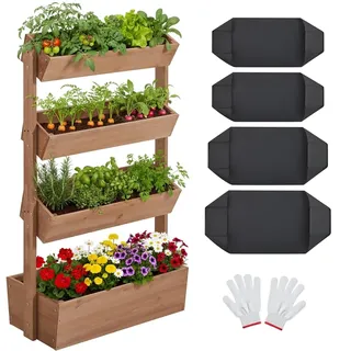 Yaheetech Vertikal Hochbeet mit 4 Etagen, 84,5×45×140,5 cm Pflanzbeet mit Entwässerungslöcher & Pflanzvlies, Tannenholz Wetterfest, Frühbeet Gartenbeet Kräutertreppe für Garten Balkon, Dunkelbraun