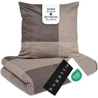 bugatti Bettwäsche 135x200 cm 100% Baumwolle - 2-teilig, Karomuster braun | 2in1 Kombibettwäsche Satin-Flanell - Bettwäsche Set inkl. 80x80 cm Kissenbezug, warm & waschbar mit Reißverschluss, Bettbezug