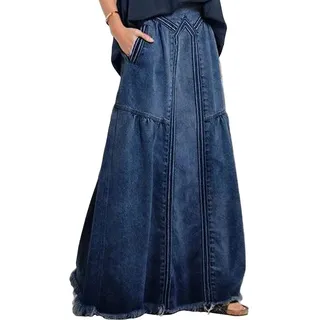 ebossy Damen Casual Elastische Taille Fransen Saum A-Linie Distressed Hippie Lang Maxi Denim Rock - Blau - Klein