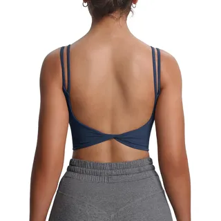 Aoxjox Damen Workout Sport BHS Fitness Gepolstert Rückenfrei Yoga Crop Tank Top Twist Back Cami Büstenhalter, Marineblau, small