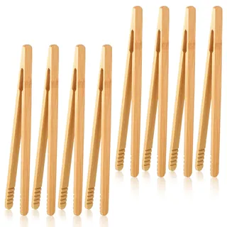 TIESOME 8 Stück Bambus Zange, Grillzange Holz 18cm Bambuszange Mit Antirutschrille, Holzzange Für Küche, Toast & Barbecue, Wiederverwendbar (7.1 Zoll)