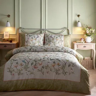 Appletree Evelina-Kollektion Bettbezug mit Blumenmuster und Kolibri, Kingsize-Bett (230 x 220 cm), weiße Bettwäsche mit Vogel- und Blumendruck, 100% Baumwollsatin, Paspelrand