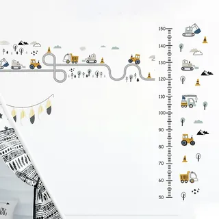 Wandtattoo Kinderzimmer Auto Wandsticker babyzimmer Junge für Schlafzimmer Spielzimmer Wand Deko Bagger Bulldozer Straßenwalze Gabelstapler mit Kinder Höhe Diagramm Wandtattoo