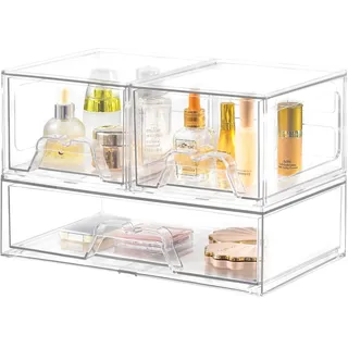Stebopum Stapelbare Schubladenbox Kosmetik Organizer mit 3 Schubladen | Acryl Transparent Schminktisch Organizer für Schublade,Schmink organizer,Badezimmer Aufbewahrung und Organisation