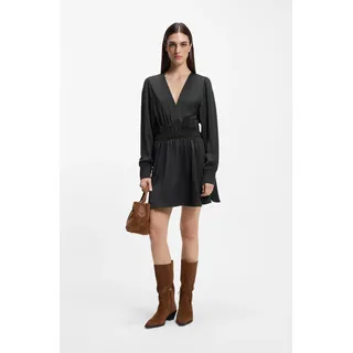 Satinkleid BOSS ORANGE "Deply Premium Damenmode", Damen, Gr. 34, N-Gr, open grau 067, Satin, Obermaterial: 100% Polyester, unifarben, tailliert Midi, V-Ausschnitt, Manschette mit Schlitz, Kleider Satinkleid, in Crinkle-Optik, Midi-Länge