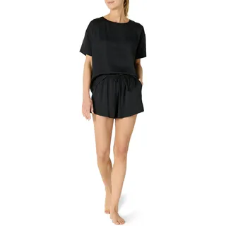 Amazon Essentials Damen Set aus Pyjama-Top und Shorts aus Satin, Schwarz, S