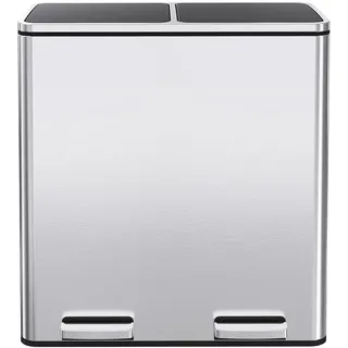 Clevich Mülleimer Küche, 2 x 30 Liter, 2 Fächer, Mülltrennsystem 60L, 2 pcs Kunststoff Inneneimer, Softclose Deckel, Treteimer, Klappdeckel, Silberner Edelstahl