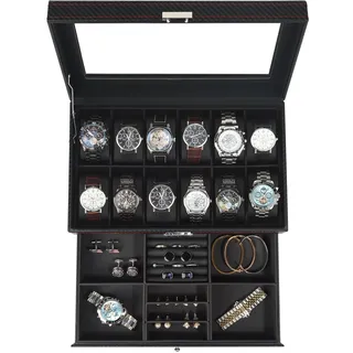 Nestwerk Uhrenbox, Schmuckkästchen Herren mit 12 Fächern, 2 Ebenen Watch Box, Uhrenkasten mit Schublade, Uhrenetui mit Glasdeckel & Schloss, Uhrenaufbewahrung, PU-Leder, Geschenke Männer-Schwarz