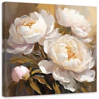 Feeby Leinwandbild an der Wand Pfingstrosen handgemalt 60x60cm , Beige , Textil , Baum/Pflanze/Natur , Rechteckig , 60x60 cm , Bilder & Rahmen, Bilder, Leinwandbilder