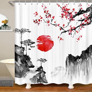 Loussiesd Japanische Ukiyoe Duschvorhang 180x200cm Kirschblüten Rote Sonne Duschvorhang Textil für Kinder Jungen M?dchen Tinte Japanischen Stil Exotischer Stil Dekor