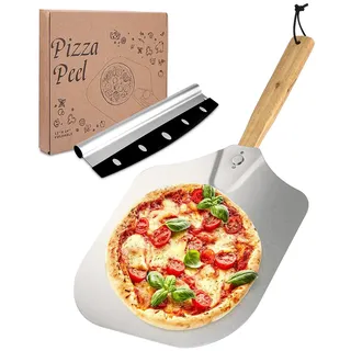 Viesap Pizzaschieber für Große Pizza, XL Pizzaschaufel Aluminium für Pizzastein Backofen, Stabileres Profi Heimgebrauch, mit Extra Großer Pizzaschneider, mit Praktischen Klappbarer Holzgriff
