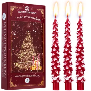 Deco Express Kerzen Set Weihnachten Deko 3er oder 6er Pack Wachs Deko Kerzen im Weihnachtsbaum Motiv 7h Brenndauer Ideal Zum Verschenken (Rot/Weiß, 3 Stück)