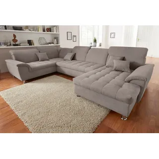 DOMO collection Wohnlandschaft »Franzi optional mit Bettfunktion, Bettkasten & Kopfteilverstellung« U-Form, Recamiere rechts, taupe, B/T: 352/214 cm, grau