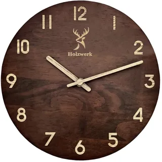 Holzwerk WINTERBERG Natur Wanduhr Holz-Uhr Vintage lautloses Uhrwerk ohne Tickgeräusche Braun lautlos aus handgefertigtem Massivholz Natur Holz mit Hirsch Motiv