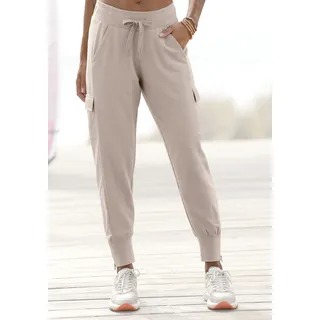 Jogginghose VENICE BEACH, Damen, Gr. 38, N-Gr, beige, Sweatware, Obermaterial: 95% Baumwolle, 5% Elasthan. Bündchen: 95% Baumwolle, 5% Elasthan, unifarben, figurumspielend lang, Hosen Jogginghose, mit seitlichen Taschen am Bein, Cargohose, Sweathose, Topseller