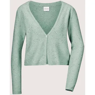 Strickjacke MADELEINE "Strickjacke Kurze Bolerojacke mit Glitzer", Damen, Gr. 44/46, silber (hellsalbeigrün, silberfarben), Obermaterial: 28% Alpaka WP. 28% Wolle WO. 24% Polyamid PA. 15% Polyester PES. 5% Elasthan EL., Modern, normal, V-Ausschnitt, Strickjacken Strickjacke