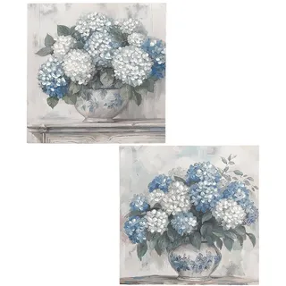 DRW Leinwandbild, Vase mit Blumen, handbemalt, in Weiß, Blau und Grün, 60 x 3 x 60 cm