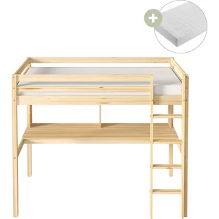 Sunny Sil Hochbett aus Holz mit Schreibtisch in Naturfarben | Kinderbett Mit Matratze | Einzelbett mit Treppe in 208 x 100,5 x 172 cm | Für - Beige