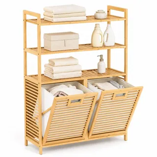 LIFEZEAL Wäschekorb 2 Fächer, Bambus Wäschesammler mit 3 Regalen | Wäscheregal mit abnehmbaren Beuteln, Wäscheschrank mit Griffen, Laundry Baskets für Wäscherei, Bad, 80 x 30 x 110 cm