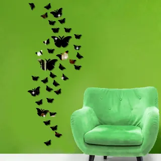 Spiegel Schmetterling Deko, 36pcs Acryl 3D Wandkunst Aufkleber Spiegel Aufkleber für Wohnzimmer Schlafzimmer Büro B Stil Nett (Schwarz)