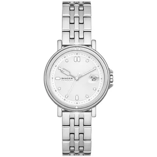 Skagen Signatur Uhr für Damen, Quarzwerk mit Edelstahl- oder Lederarmband, Silberton und Weiß, 34MM