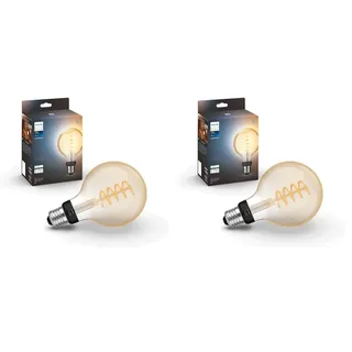 Philips Hue White Ambiance E27 Filament Globe Lampe (550 lm), dimmbare LED Lampe für das Hue Lichtsystem mit allen Weißtönen, smarte Lichtsteuerung über Sprache und App (Packung mit 2)