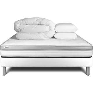 Komplettpaket Bett - Matratze 200x200 cm + Boxspringbett mit Lattenrost (im Set) + 2 Kopfkissen + Bettdecke - Vital Relax - Weiß