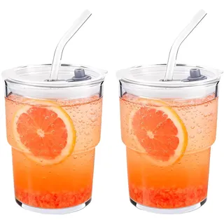 Henrrida 400ML Eiskaffeetassen mit Stroh und Deckel, Set von 2, ideal für Smoothies, Lattes, Matcha, Bier, Cola, Saft, Soda Kalte Getränke Wassertassen