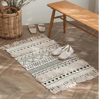 JaeMoose Baumwolle Teppich Getuftet Baumwollteppich Waschbar Retro Flur Teppich mit Quasten Marokkanisch Boho Teppiche für Wohnzimmer Schlafzimmer Eingangstür (Weiß, 60 x 130 cm)