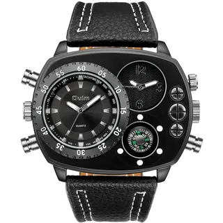 JewelryWe Herrenuhr Analog Quarz Kompass Zwei Zeitzone Armbanduhr Männer Leder Armband Übergroße Uhr Sportuhr mit großem Rechteckigen Zifferblatt Schwwarz