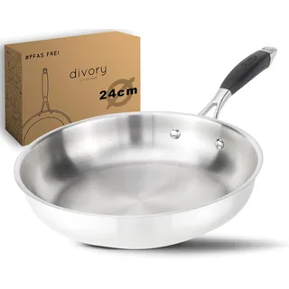 DIVORY Edelstahl Pfanne 24 cm PURA Induktion I unbeschichtete große Bratpfanne für alle Herdarten I Induktionspfanne, Ergonomischer Griff, Spülmaschinen geeignet (24cm, Silber)