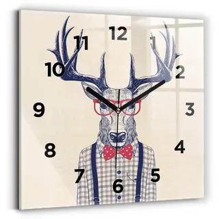 Wallfluent Wanduhr – Stilles Quarzuhrwerk - Uhr Dekoration Wohnzimmer Schlafzimmer Küche - Zifferblatt - schwarze Zeiger - 30x30 cm - Hirsch im Hemd - Rot