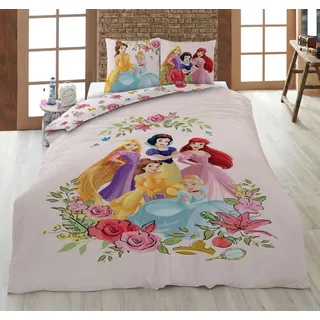 Mädchen-Bettwäsche Prinzessin Rapunzel, Cinderella, Arielle, Schneewittchen, rosa mit tollem Blumen-Motiv, Kissenbezug 80x80 + Bettbezug 135x200, 100% Baumwolle