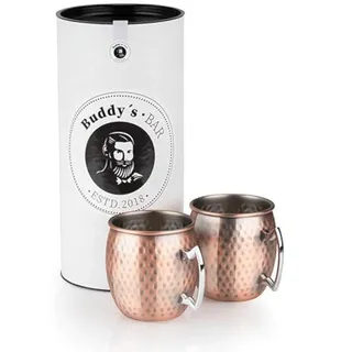 Buddy ́s Bar - Moscow Mule Becher, 500 ml, hochwertiger Edelstahl-Becher, lebensmittelecht, Hammerschlag-Effekt, Cocktail-Tasse inkl. Geschenkbox, gehämmert, Kupfer Antik, 2er Set