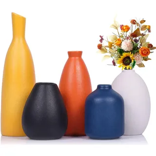 Bunte Keramik-Blumenvasen im 5er-Set - Mehrfarbig Gelb, Orange, Blau, kleine Vasen für Heimdekoration - Ideal für Wohnzimmer, Küche, Büro, Badezimmer, Kaminsims, Eingang, Bauernhaus und
