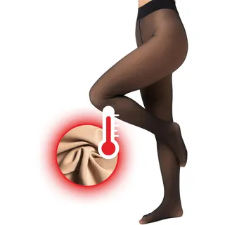 nur die germany gmbh Nur Die Strumpfhose Warm & Transparent mit Innenfleece 80 DEN Thermostrumpfhose gefütterte Fein-Strumpfhose beige durchscheinend Komfortbund Damen, schwarz, S