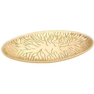 NKlaus Kerzenteller oval 17x7cm aus Messung Gold matt massiv Gold Dekoteller mit Muster Tablett mit Baum-Design 10509