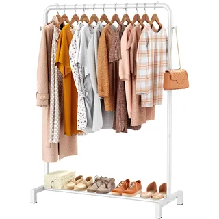 ZHKINGGS Kleiderstange für Schlafzimmer: tragbare Kleiderstange mit unterer Schuhregal und Haken, freistehender Kleiderständer für Schrank, Wäsche, Geschäft (Modern, Weiß)